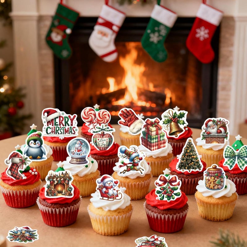 Fyeoxle 80PCS Edible Merry Christmas Cupcake Toppers Wafer Paper Santa Hat Snowman Deer Cupcake Toppers for Merry Xmas Theme Party Baby Shower Birthday Decor Supplies - Image 5